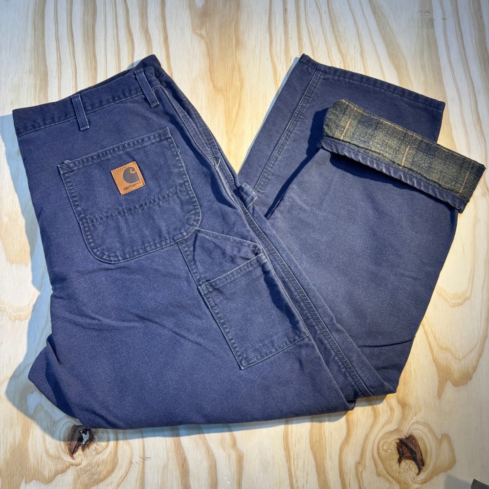 Carhartt Mens B111 PTL Flannel Lined Petrol Blue Canvas Carpenter Pants Sz 40x32